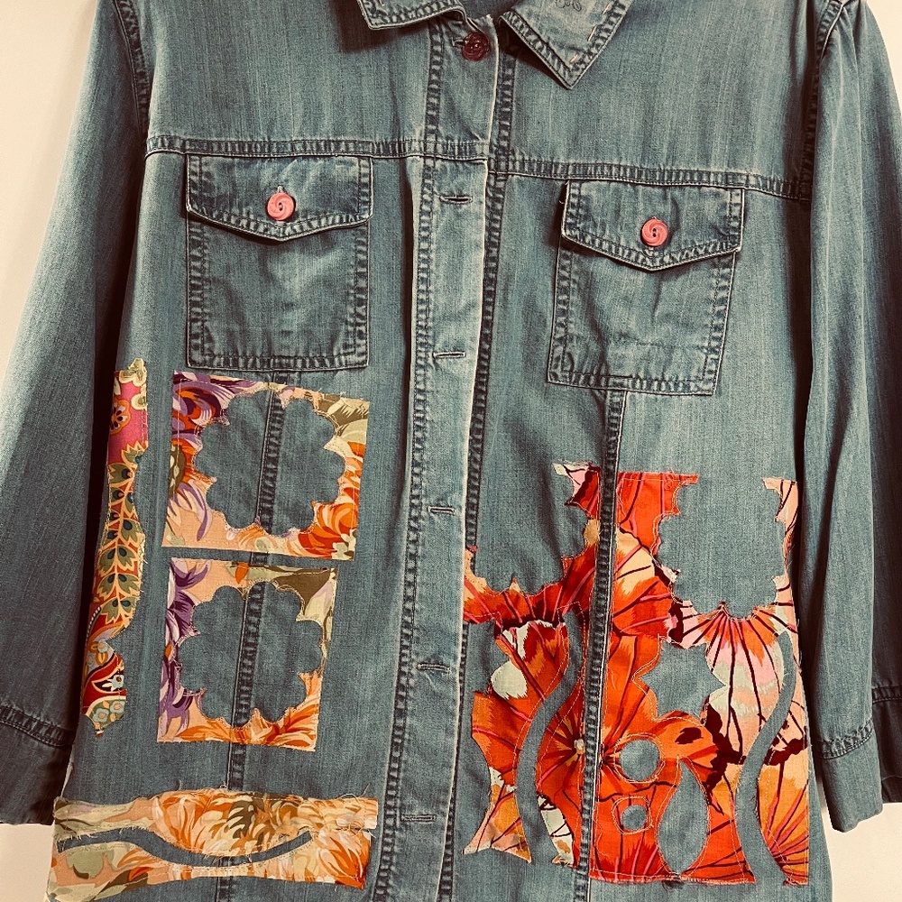 Repurposed cotton shirt w/colorful embellishments.